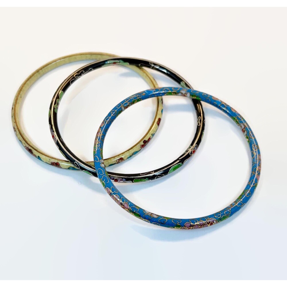 Vintage Asian Cloisonne Bangle Bracelets, Bohemian Stack Set, Blue Black Flower - Picture 2 of 6